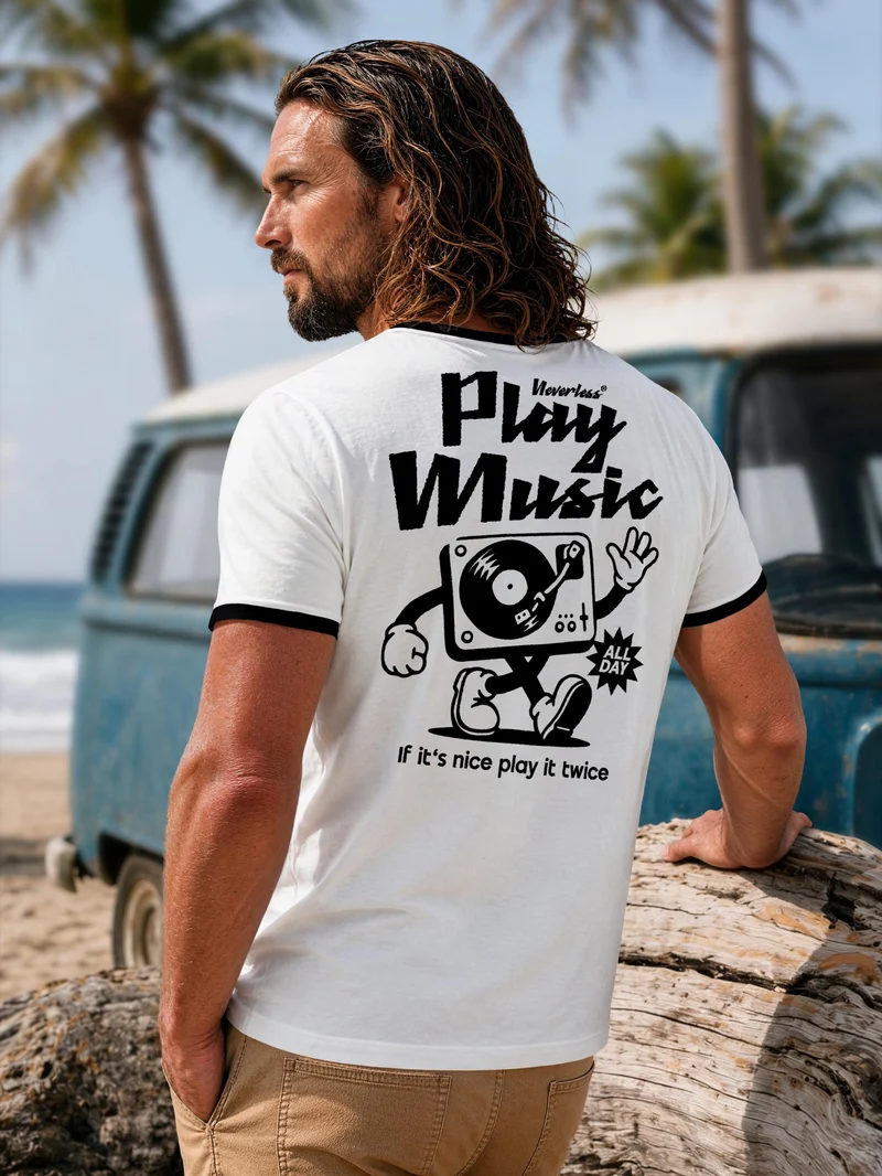 Herren T-Shirt Retro Kontrastbund - Design Play Music - Printshirt im Vintage-Look