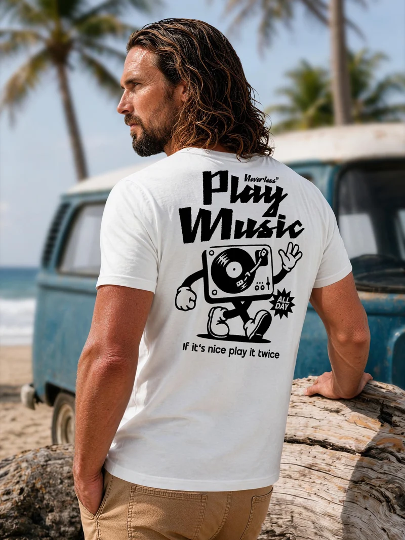 Herren T-Shirt Backprint - Design Play Music - Baumwollshirt Männer Fashion Streetstyle Slim Fit