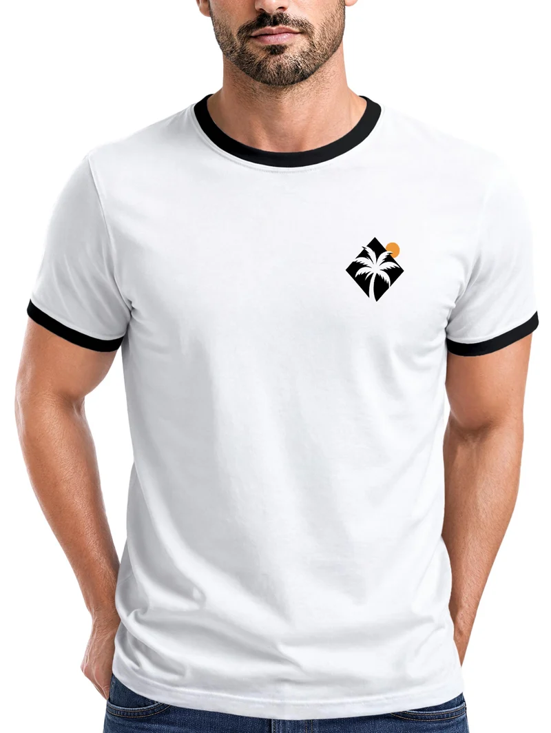 Herren T-Shirt Retro Kontrastbund - Logo Design Palme - Printshirt im Vintage-Look