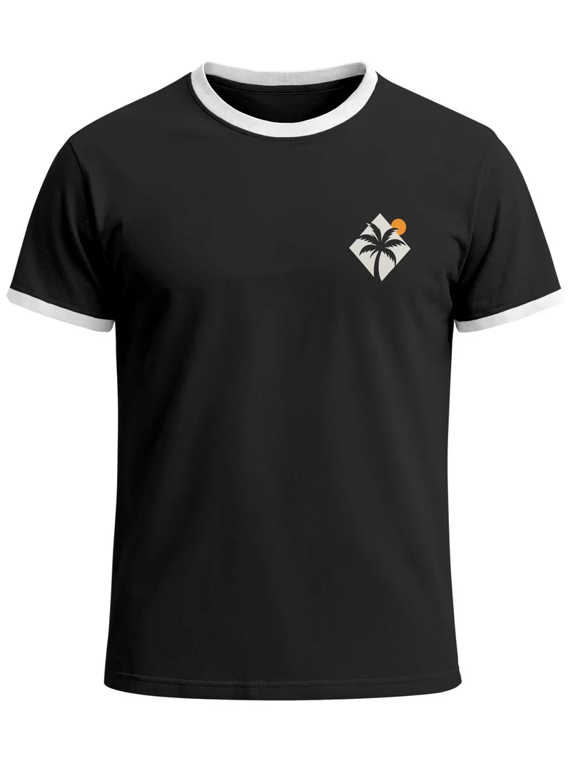 Herren T-Shirt Retro Kontrastbund - Logo Design Palme - Printshirt im Vintage-Look