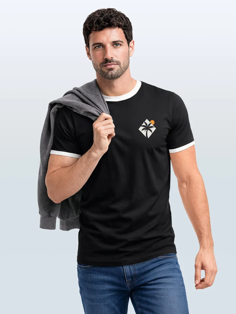 Herren T-Shirt Retro Kontrastbund - Logo Design Palme - Printshirt im Vintage-Look