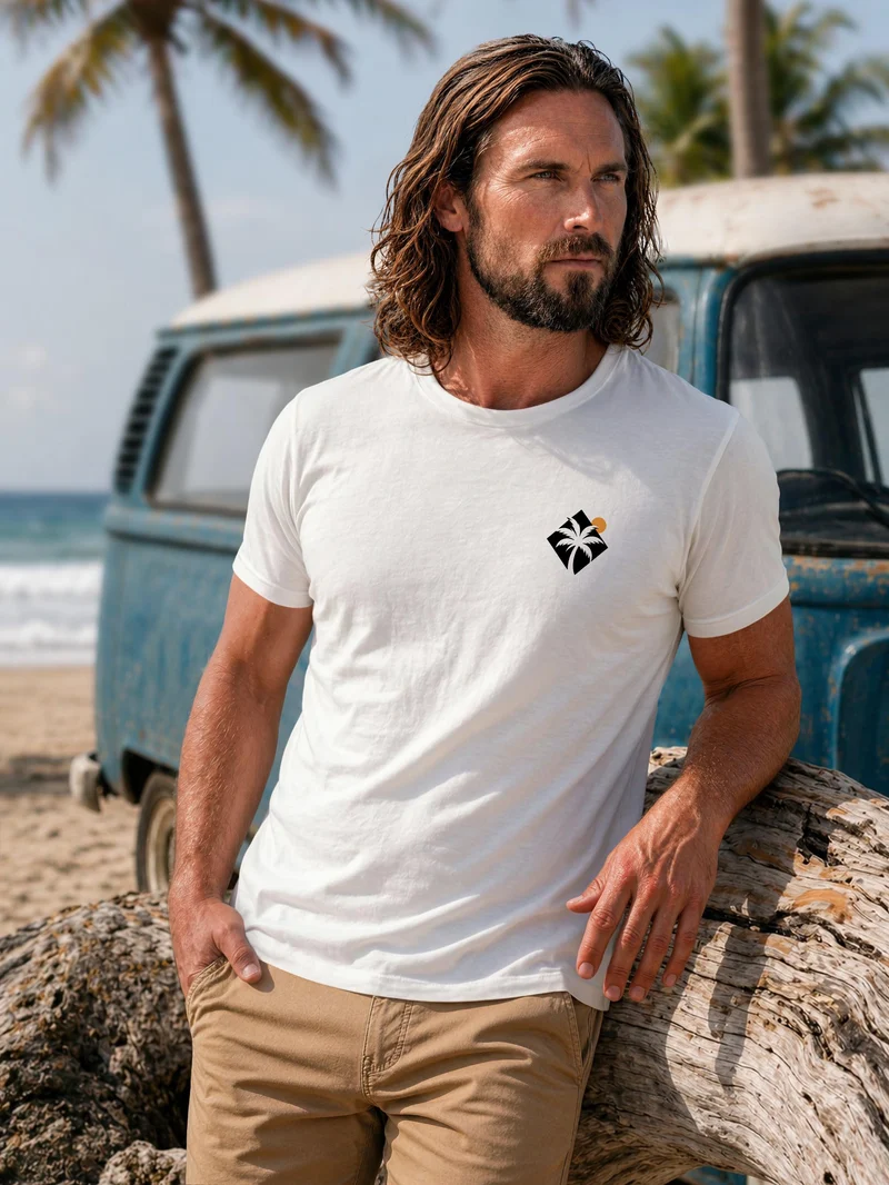 Herren T-Shirt Brustprint - Logo Design Palme - Baumwollshirt Männer Fashion Streetstyle Slim Fit