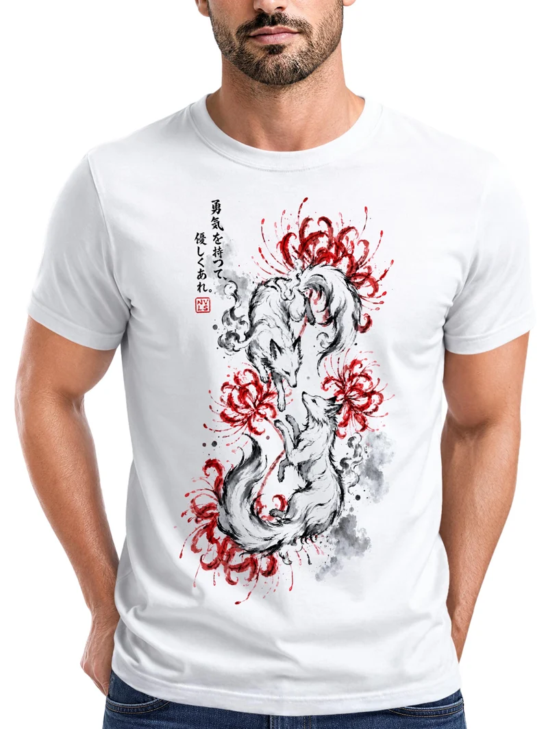 Herren T-Shirt Frontprint - Design Kitsune - Baumwollshirt Männer Fashion Streetstyle Slim Fit