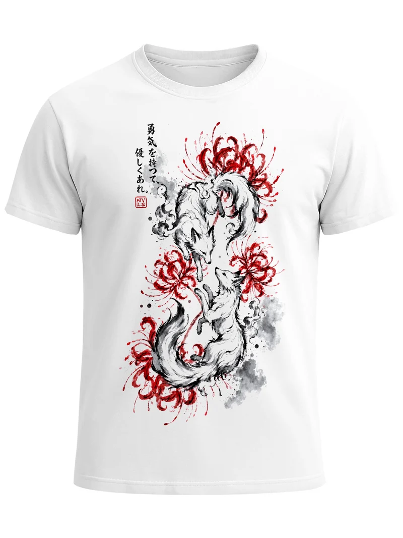 Herren T-Shirt Frontprint - Design Kitsune - Baumwollshirt Männer Fashion Streetstyle Slim Fit