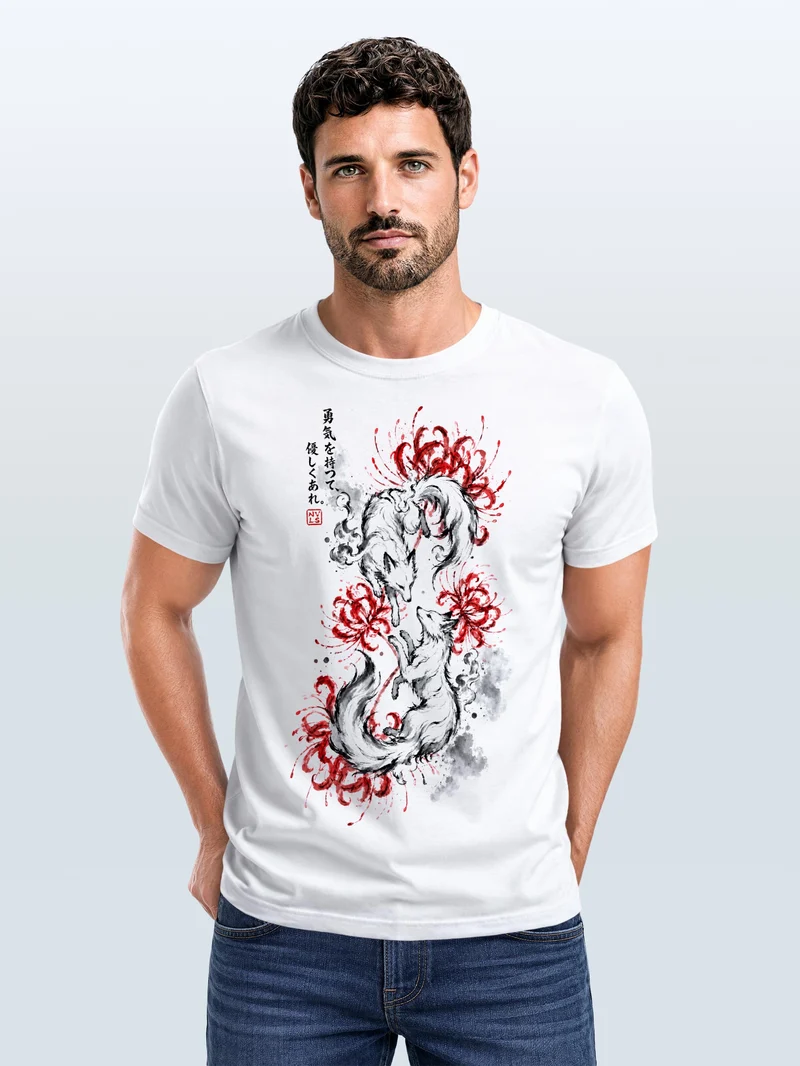 Herren T-Shirt Frontprint - Design Kitsune - Baumwollshirt Männer Fashion Streetstyle Slim Fit