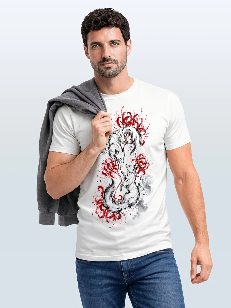 Herren T-Shirt Frontprint - Design Kitsune - Baumwollshirt Männer Fashion Streetstyle Slim Fit