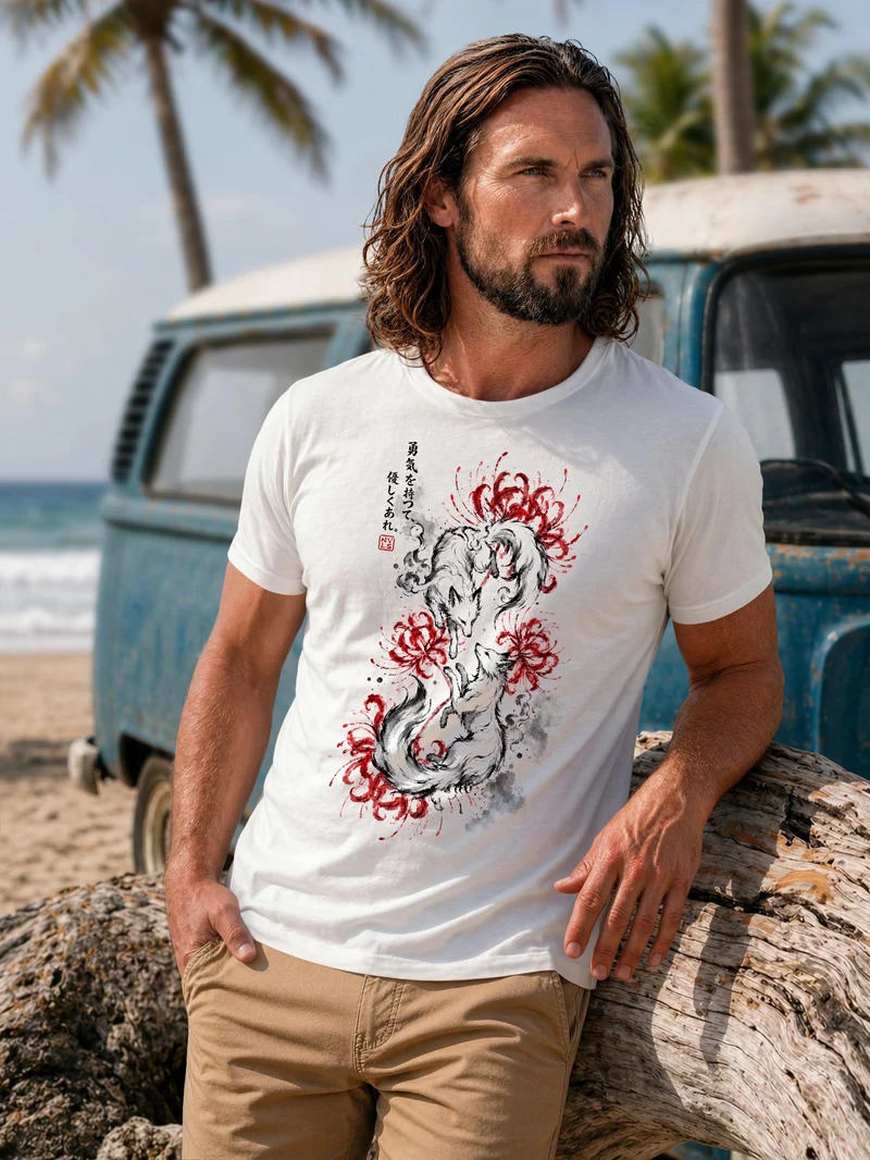 Herren T-Shirt Frontprint - Design Kitsune - Baumwollshirt Männer Fashion Streetstyle Slim Fit