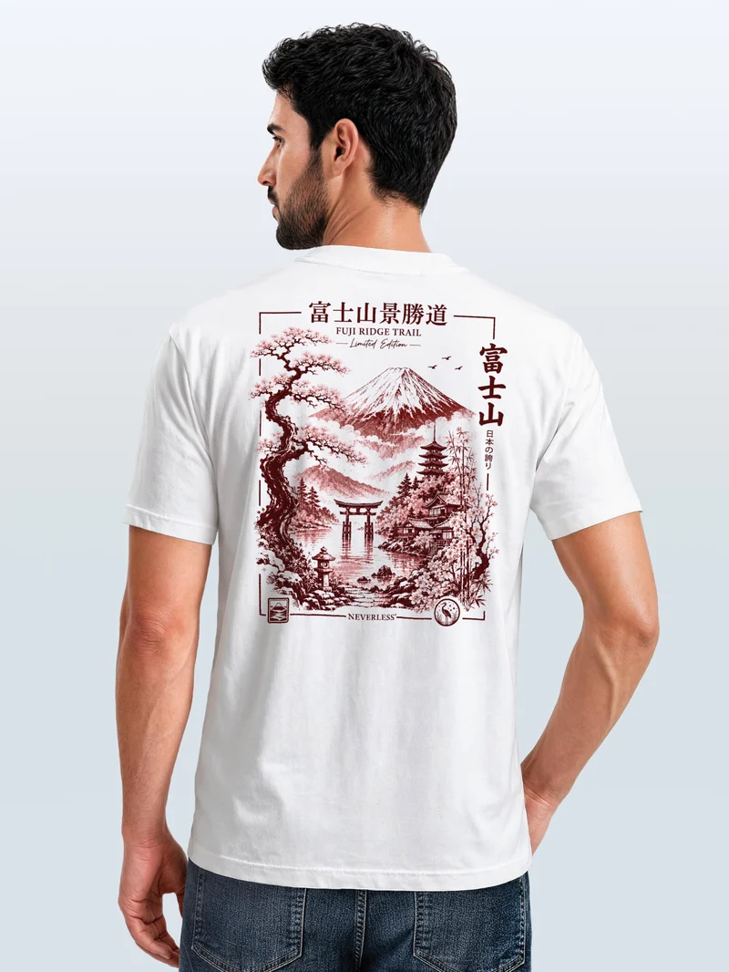 Herren T-Shirt Backprint - Design Mount Fuji - Baumwollshirt Männer Fashion Streetstyle Slim Fit