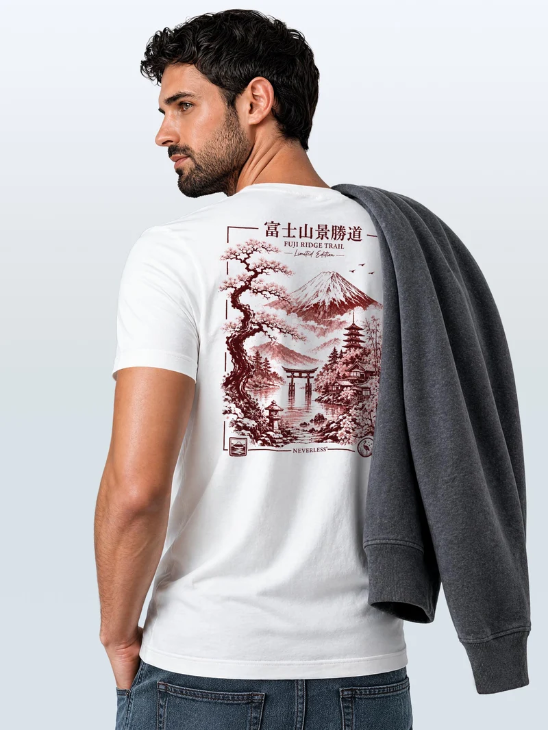 Herren T-Shirt Backprint - Design Mount Fuji - Baumwollshirt Männer Fashion Streetstyle Slim Fit