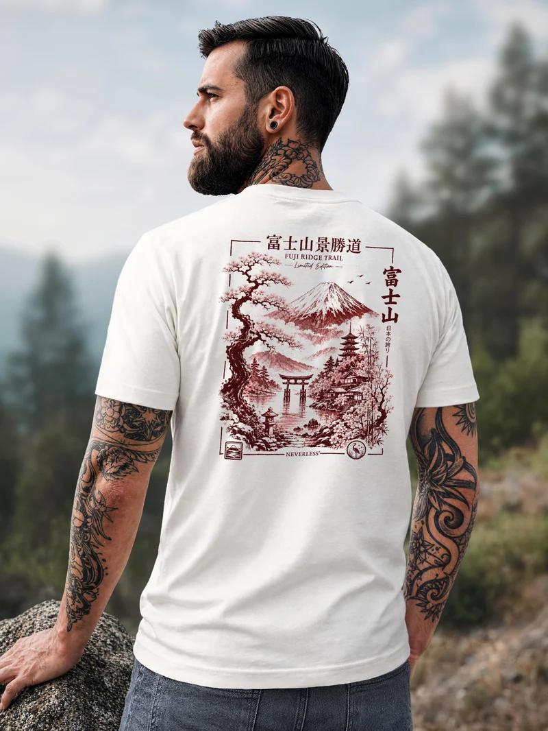 Herren T-Shirt Backprint - Design Mount Fuji - Baumwollshirt Männer Fashion Streetstyle Slim Fit