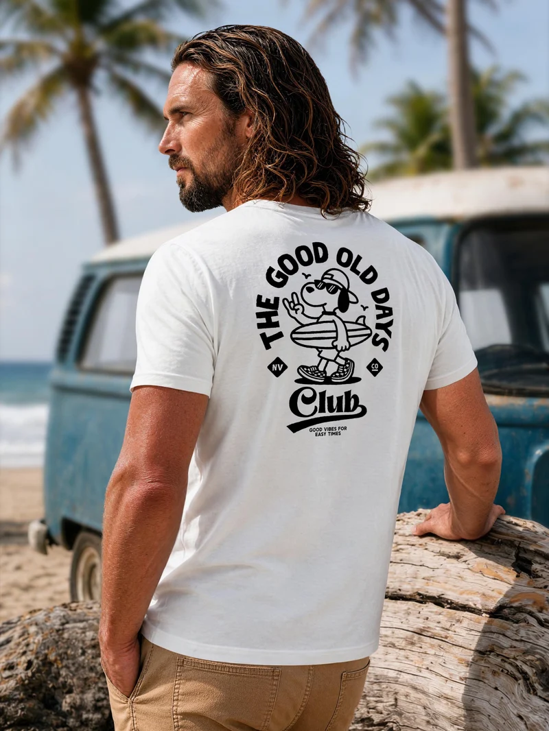 Herren T-Shirt Backprint - Surfing Design Good old Days - Baumwollshirt Männer Fashion Streetstyle Slim Fit