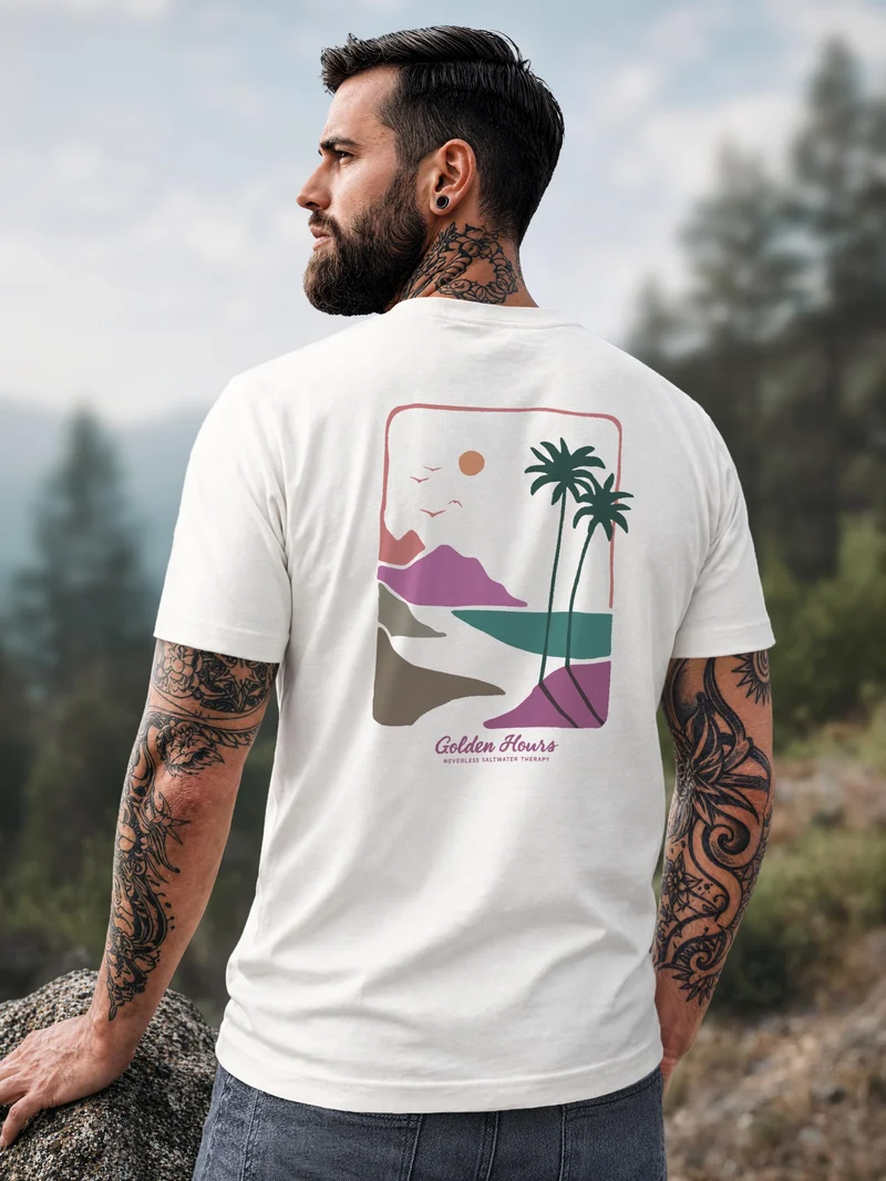 Herren T-Shirt Backprint - Surf Design Golden Hours - Baumwollshirt Männer Fashion Streetstyle Slim Fit