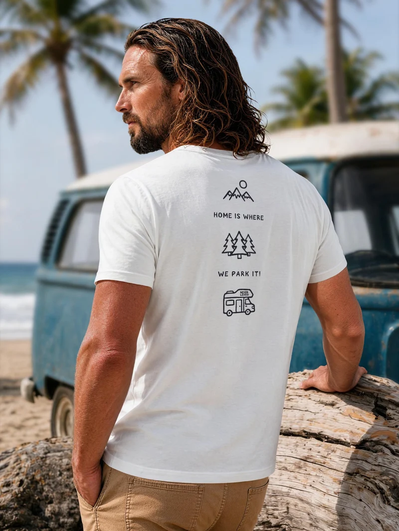 Herren T-Shirt Backprint - Minimalistic Camping Design - Baumwollshirt Männer Fashion Streetstyle Slim Fit