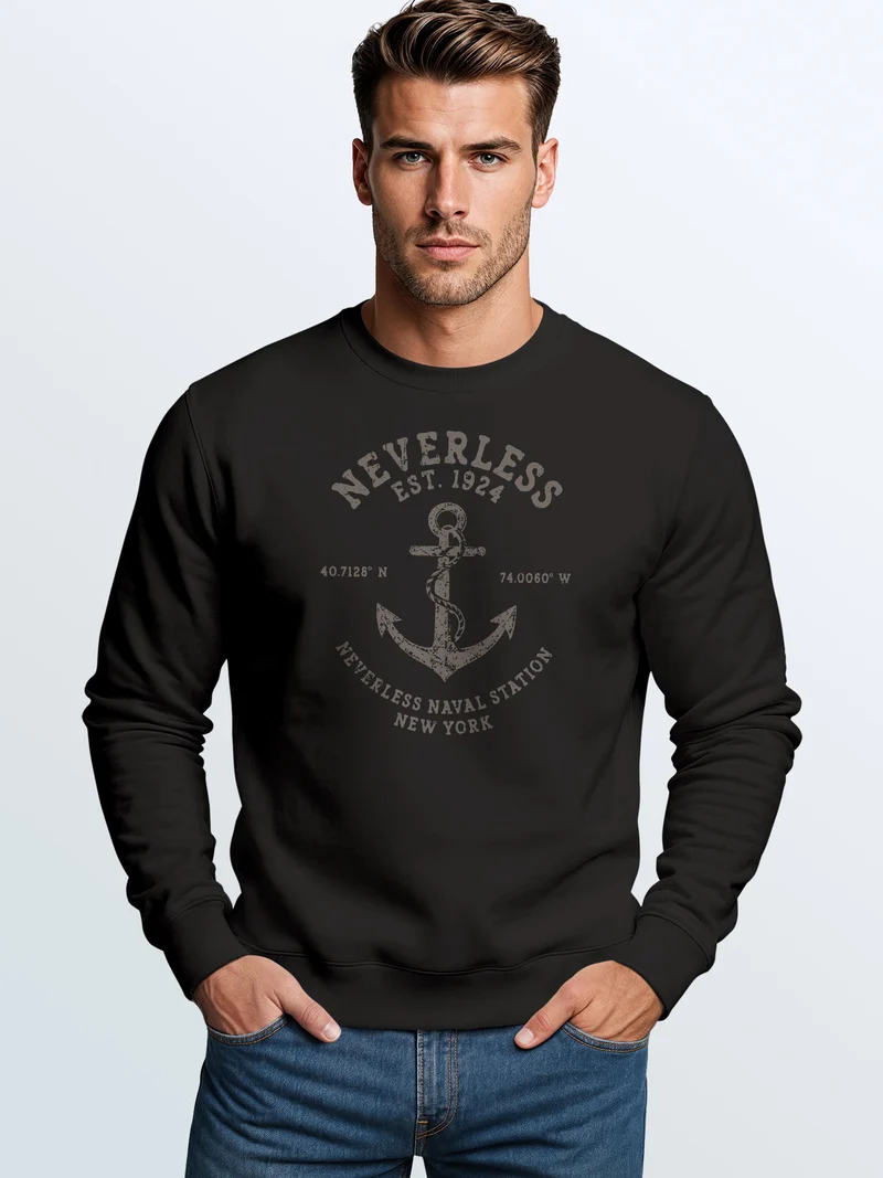 Herren Sweatshirt Vintage Naval Anchor Frontprint Regular Fit