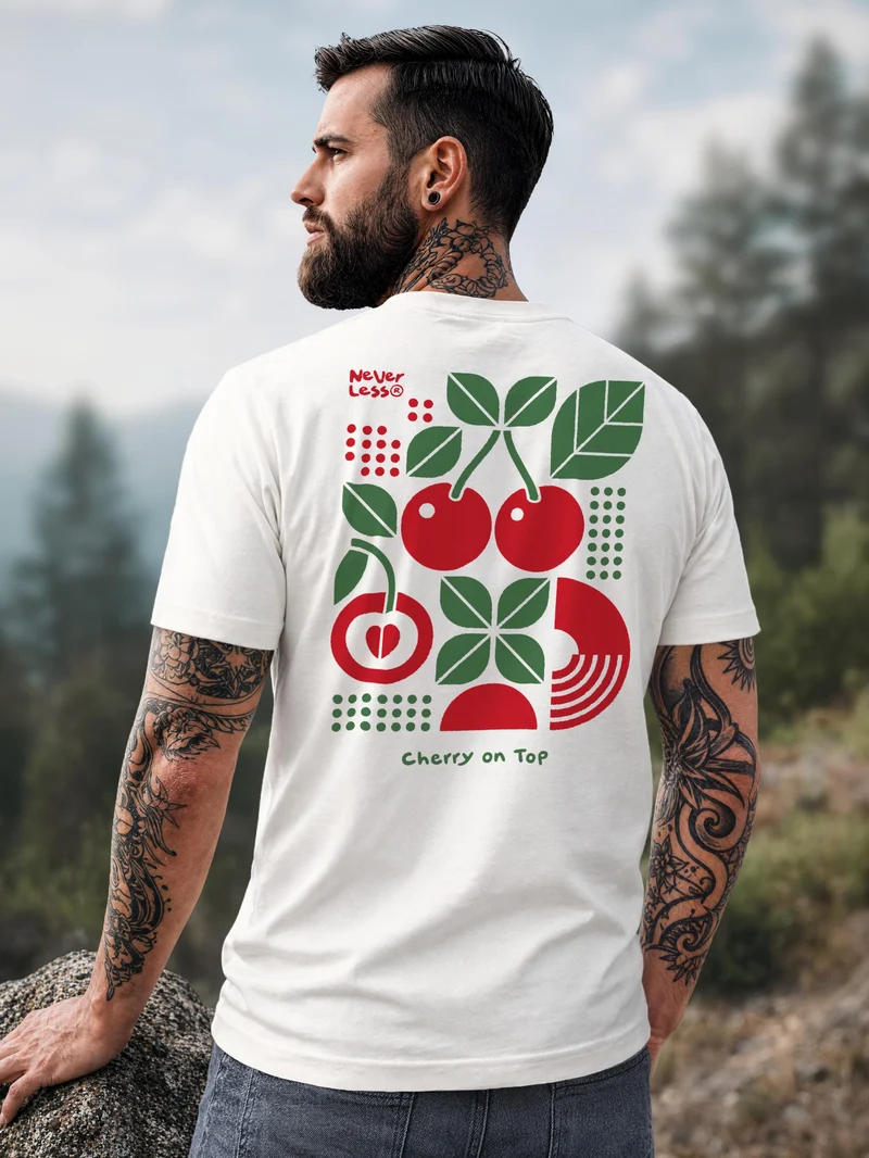 Herren T-Shirt Backprint Kirschen Cherry on Top Retro – Baumwollshirt Streetstyle Slim Fit
