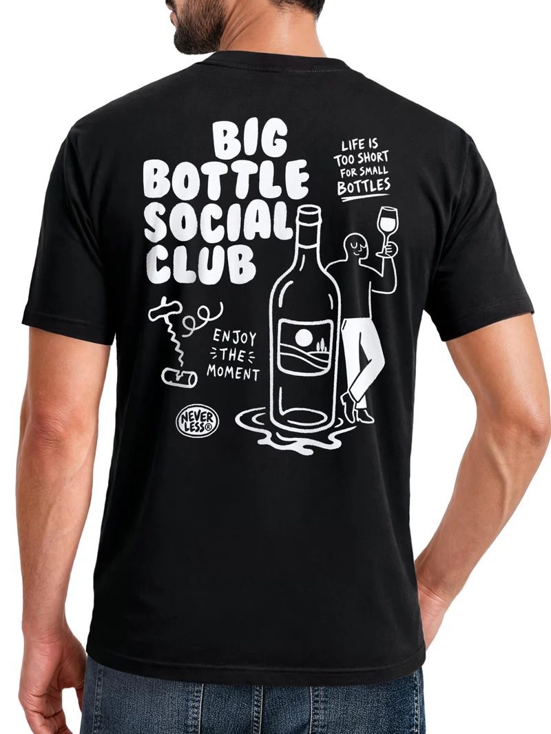 Herren T-Shirt Backprint Big Bottle Social Club Wein – Baumwollshirt Streetstyle Slim Fit