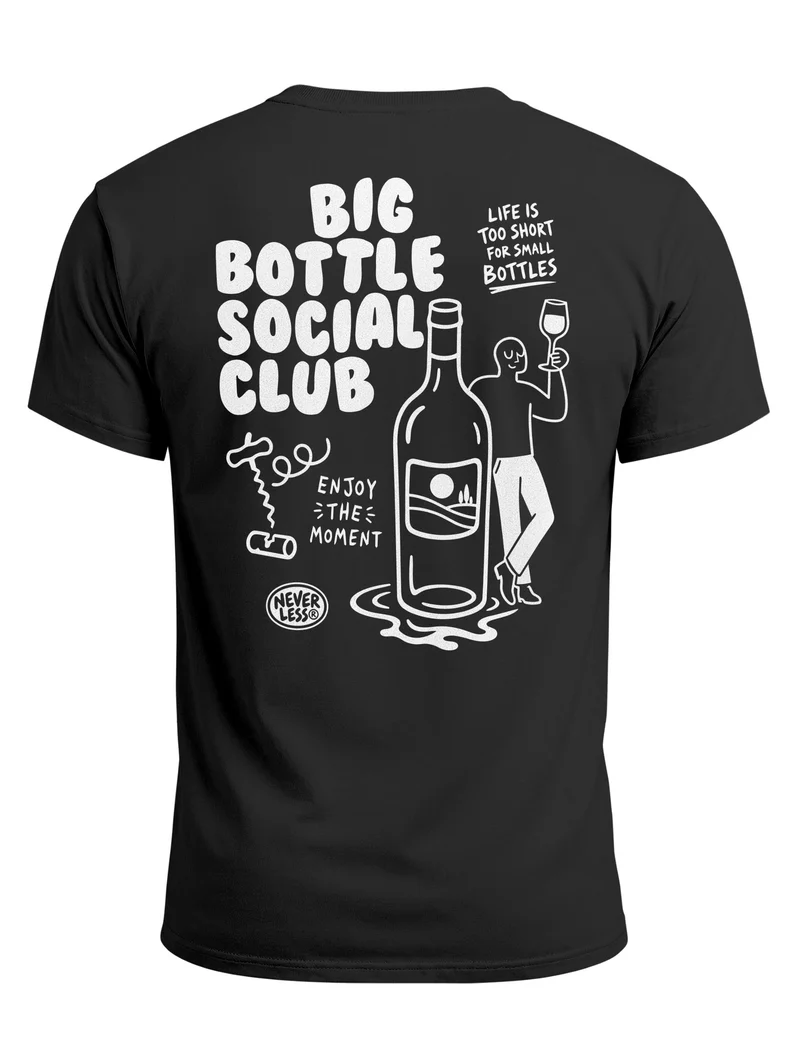 Herren T-Shirt Backprint Big Bottle Social Club Wein – Baumwollshirt Streetstyle Slim Fit