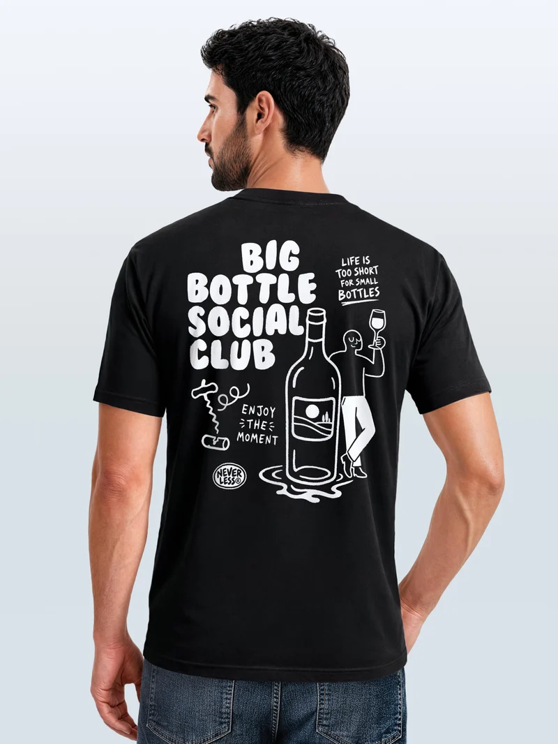 Herren T-Shirt Backprint Big Bottle Social Club Wein – Baumwollshirt Streetstyle Slim Fit
