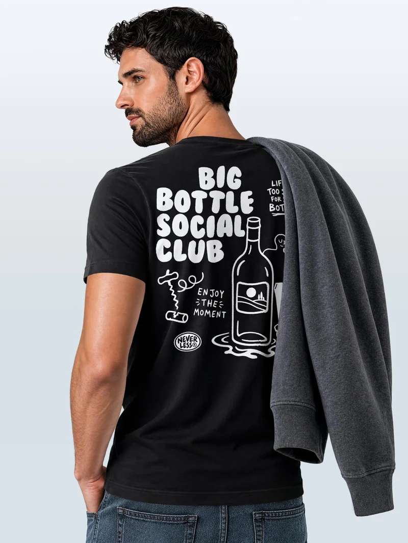 Herren T-Shirt Backprint Big Bottle Social Club Wein – Baumwollshirt Streetstyle Slim Fit