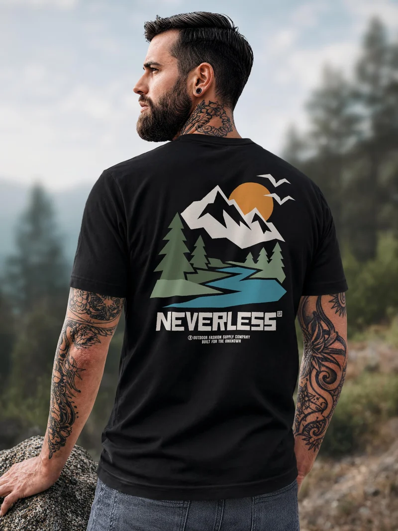 Herren T-Shirt Backprint Berge Outdoor Camping – Baumwollshirt Slim Fit Streetstyle