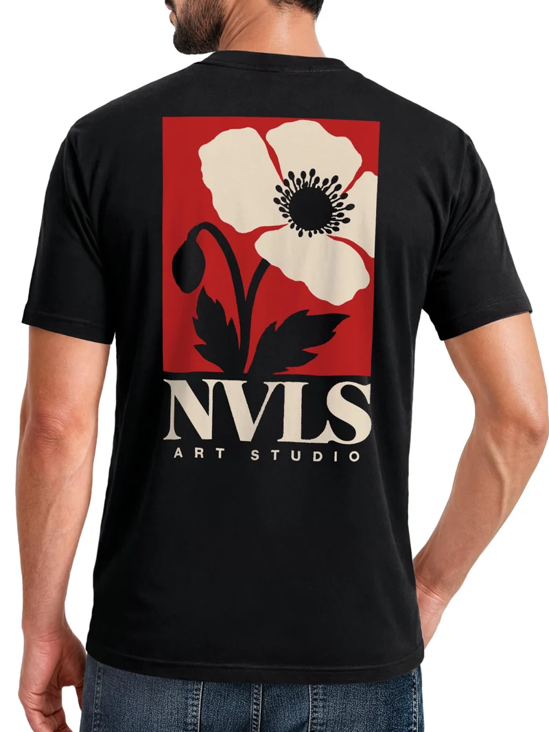 Herren T-Shirt Backprint Mohnblume Floral Art – Baumwollshirt Streetstyle Slim Fit