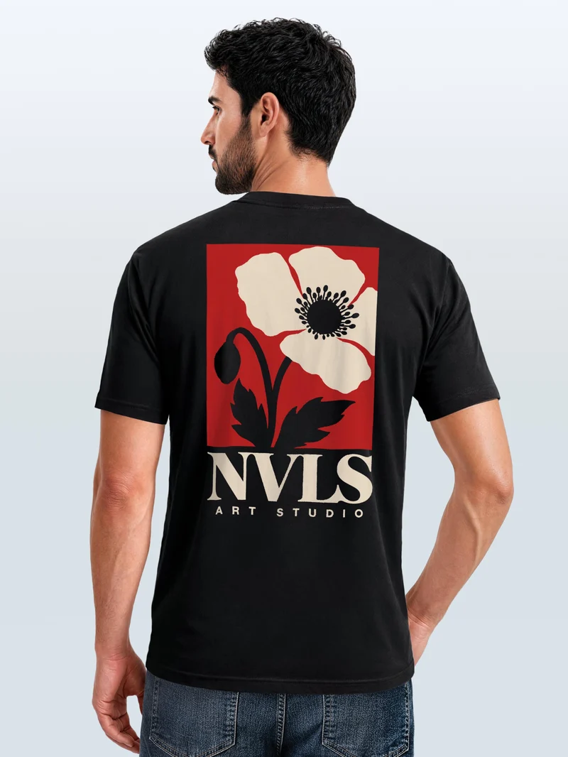 Herren T-Shirt Backprint Mohnblume Floral Art – Baumwollshirt Streetstyle Slim Fit