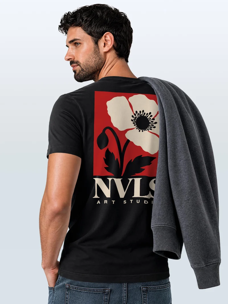 Herren T-Shirt Backprint Mohnblume Floral Art – Baumwollshirt Streetstyle Slim Fit
