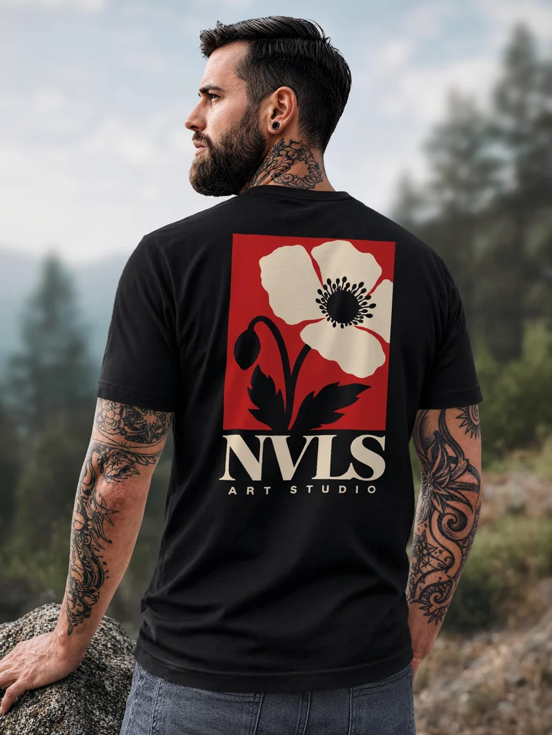 Herren T-Shirt Backprint Mohnblume Floral Art – Baumwollshirt Streetstyle Slim Fit