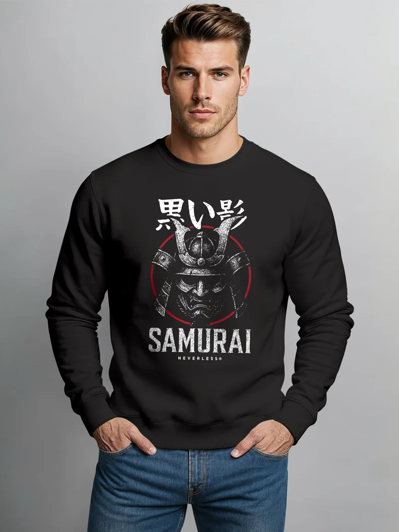 Sweatshirt Herren ohne Kapuze Japan Samurai Frontprint Rundhals-Pullover Fashion Streetwear Männer