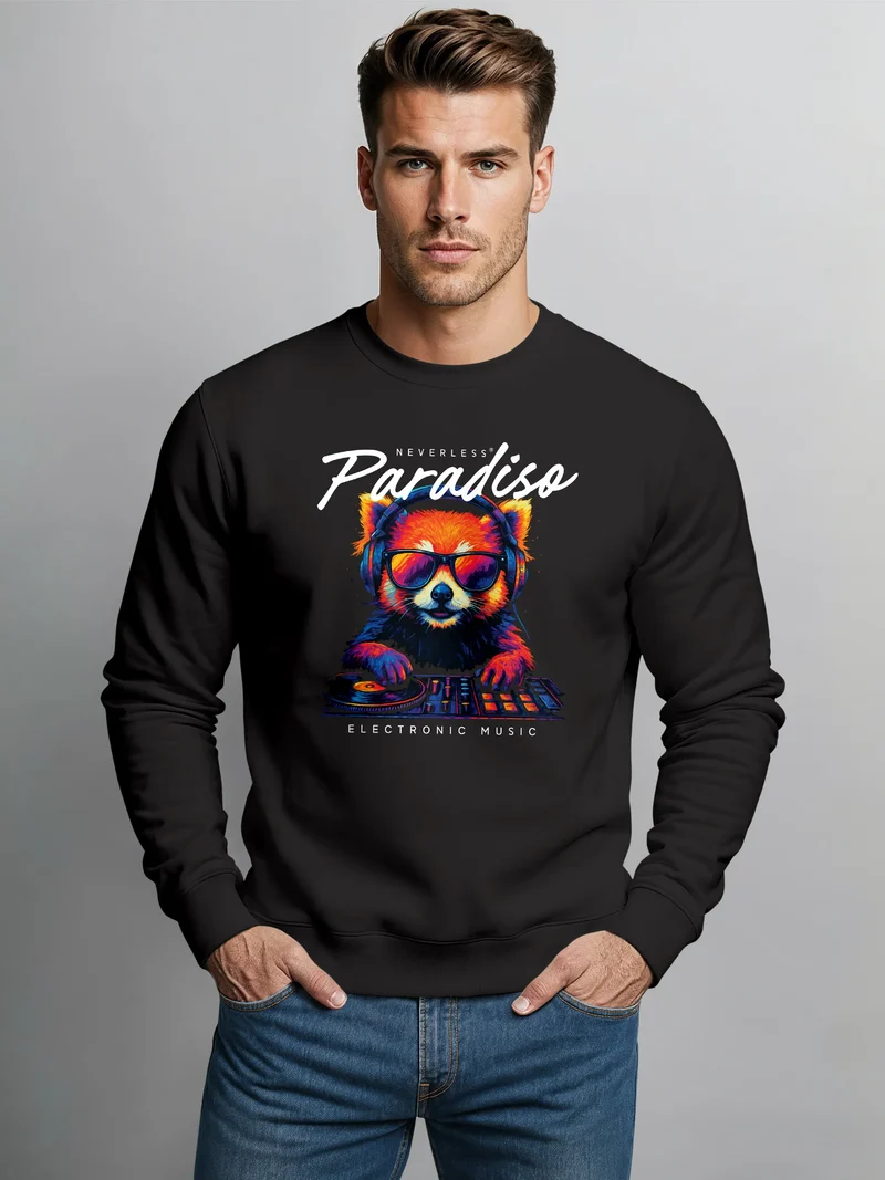 Sweatshirt Herren DJ Panda Electronic Music Frontprint Rundhals-Pullover Clubwear Fashion Streetwear
