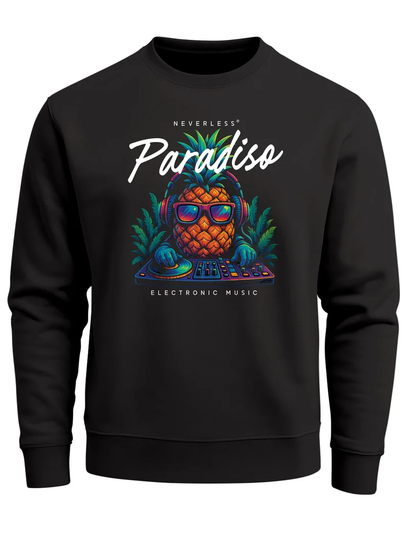 Sweatshirt Herren ohne Kapuze Frontprint Paradiso Pineapple DJ Ananas Design Electronic Music Streetwear Pullover Fashion