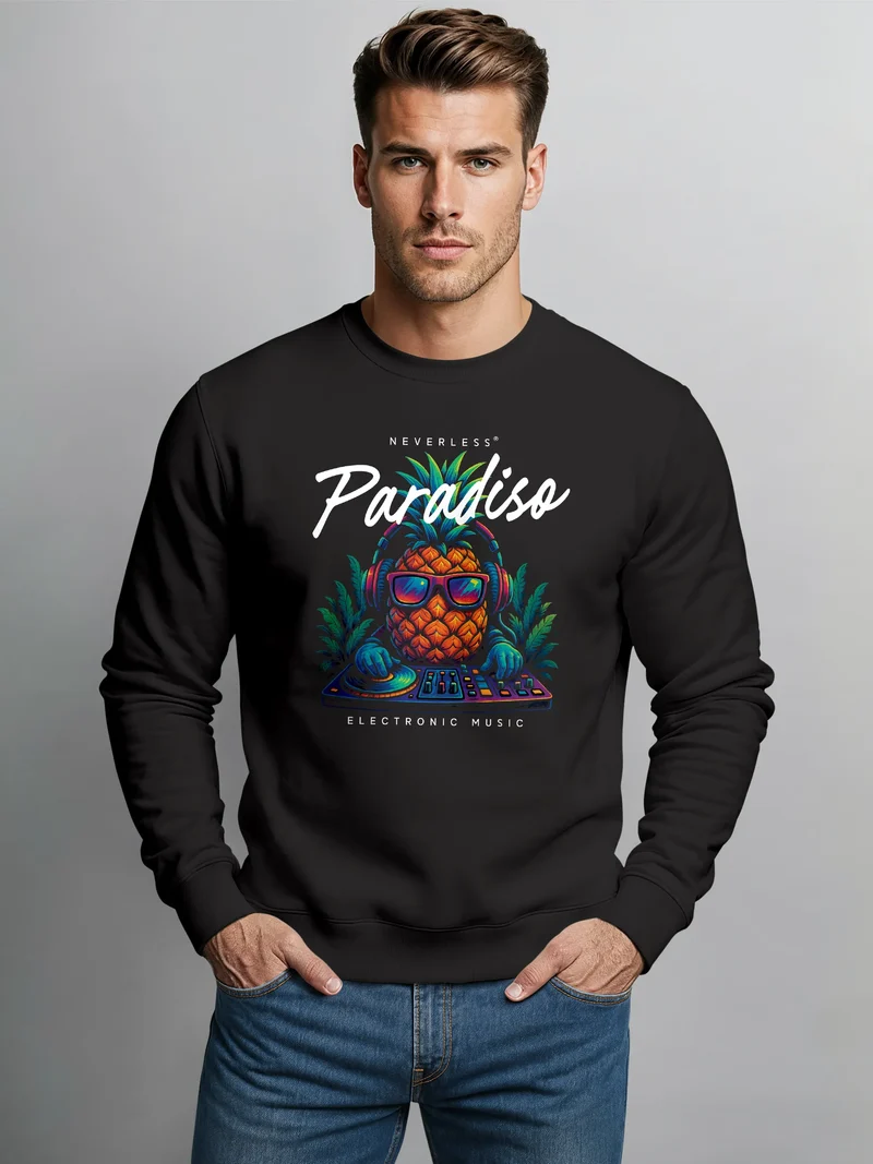 Sweatshirt Herren ohne Kapuze Frontprint Paradiso Pineapple DJ Ananas Design Electronic Music Streetwear Pullover Fashion