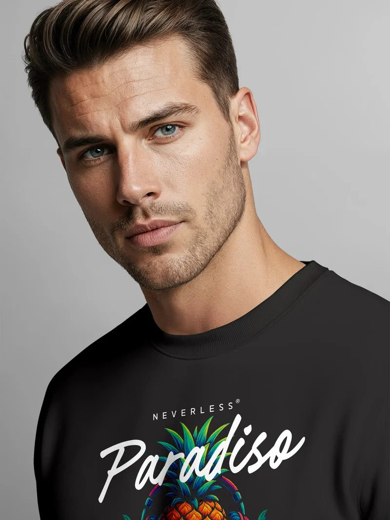 Sweatshirt Herren ohne Kapuze Frontprint Paradiso Pineapple DJ Ananas Design Electronic Music Streetwear Pullover Fashion