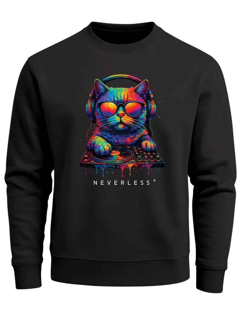 Sweatshirt Herren ohne Kapuze Frontprint DJ Cat Musik Katze Pullover Fashion Neon Retro Streetwear