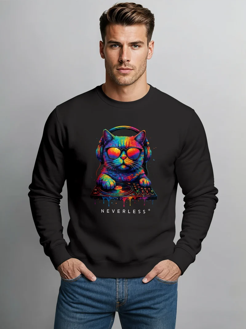 Sweatshirt Herren ohne Kapuze Frontprint DJ Cat Musik Katze Pullover Fashion Neon Retro Streetwear
