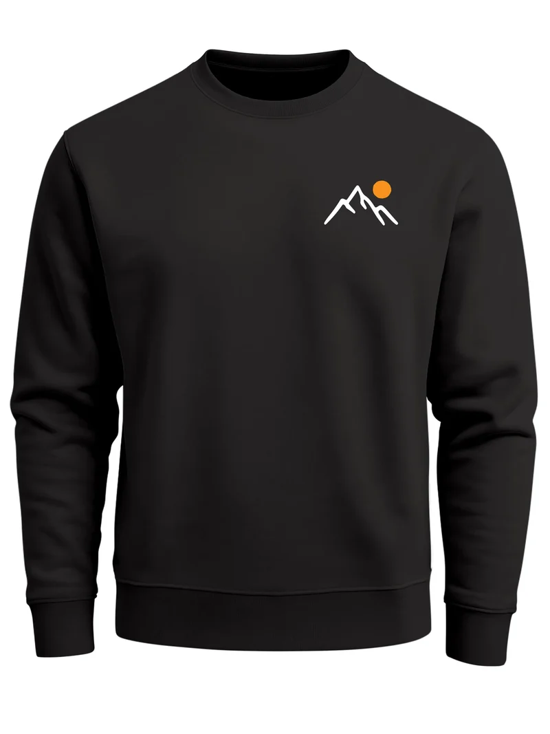Sweatshirt Herren ohne Kapuze Frontprint Brustlogo Berge Sonne Pullover Outdoor Fashion Streetwear
