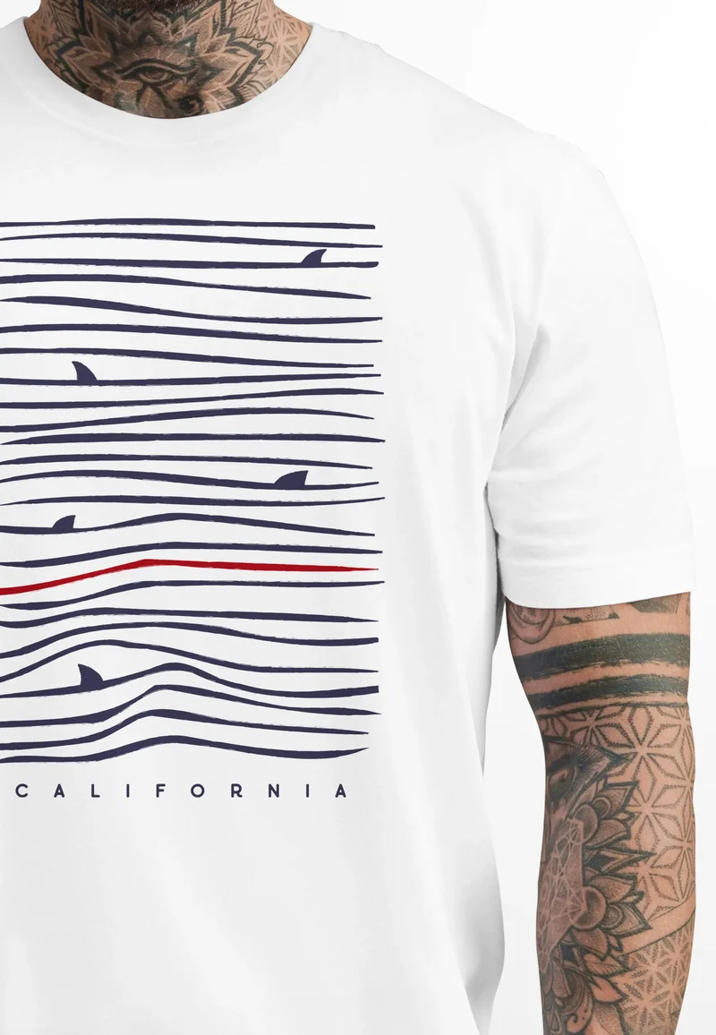 Herren T-Shirt Frontprint Minimalismus Wellen Meer Aufdruck Printshirt Sommer Fashion Streetstyle