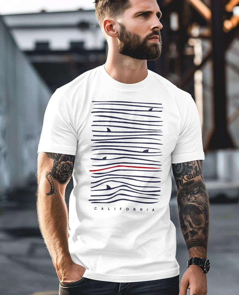 Herren T-Shirt Frontprint Minimalismus Wellen Meer Aufdruck Printshirt Sommer Fashion Streetstyle