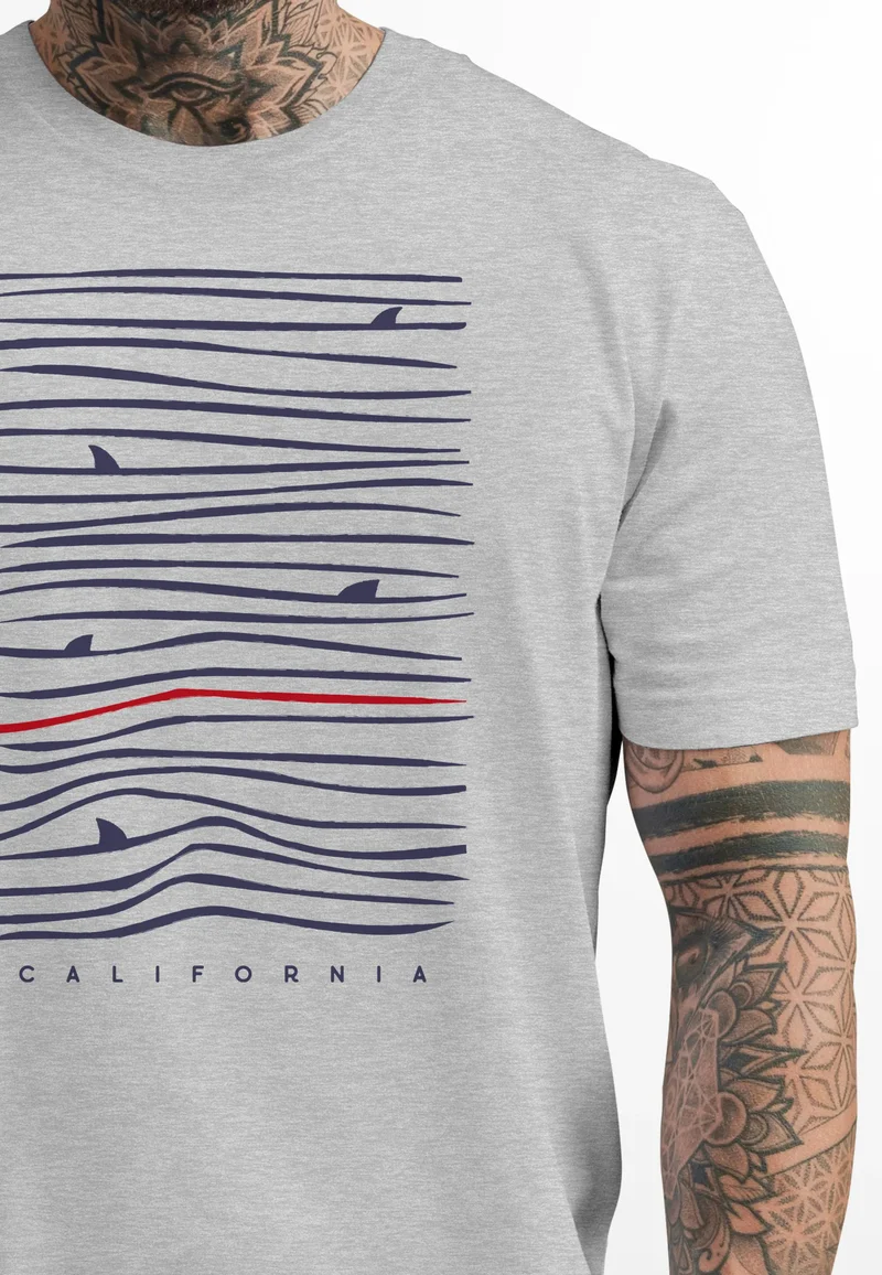 Herren T-Shirt Frontprint Minimalismus Wellen Meer Aufdruck Printshirt Sommer Fashion Streetstyle