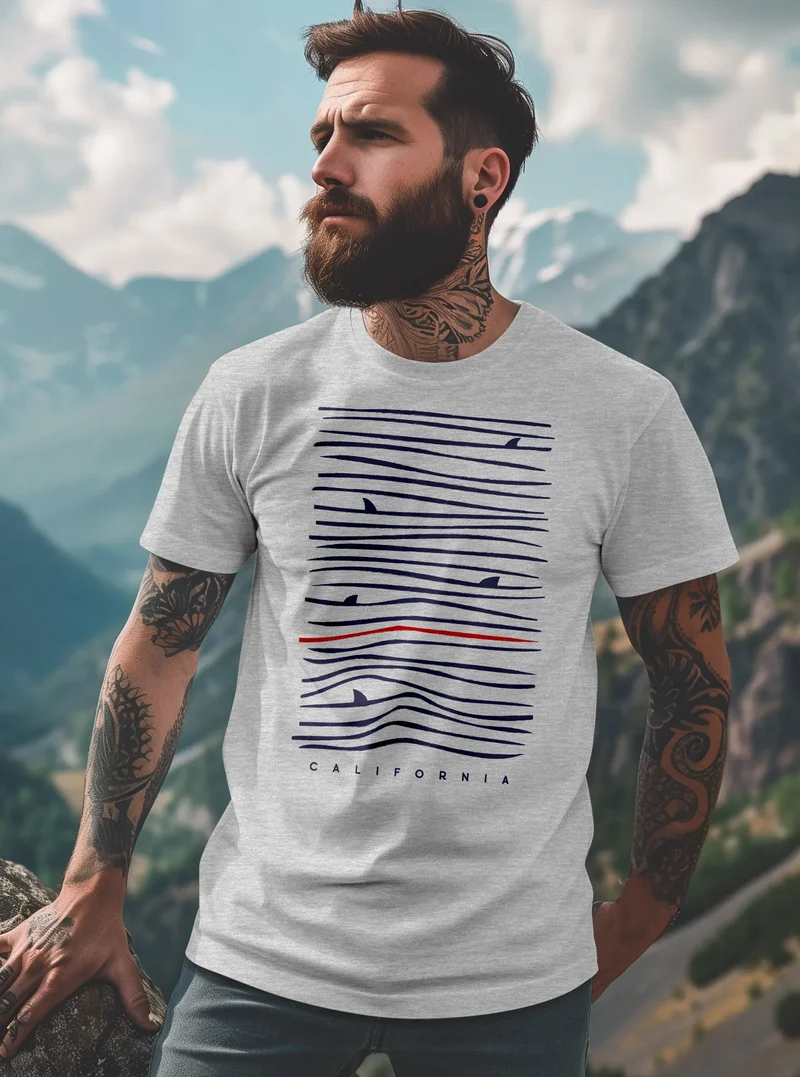 Herren T-Shirt Frontprint Minimalismus Wellen Meer Aufdruck Printshirt Sommer Fashion Streetstyle