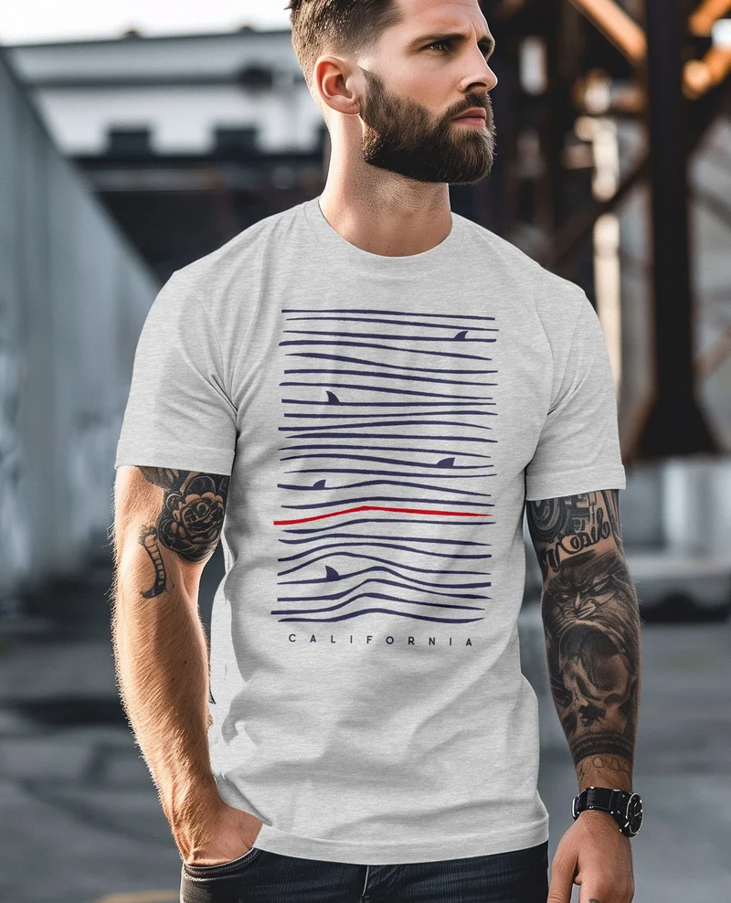 Herren T-Shirt Frontprint Minimalismus Wellen Meer Aufdruck Printshirt Sommer Fashion Streetstyle