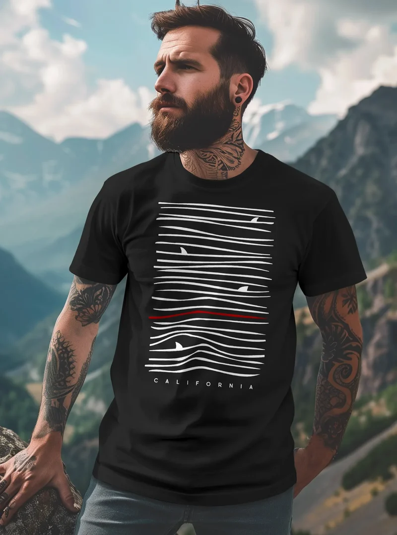 Herren T-Shirt Frontprint Minimalismus Wellen Meer Aufdruck Printshirt Sommer Fashion Streetstyle