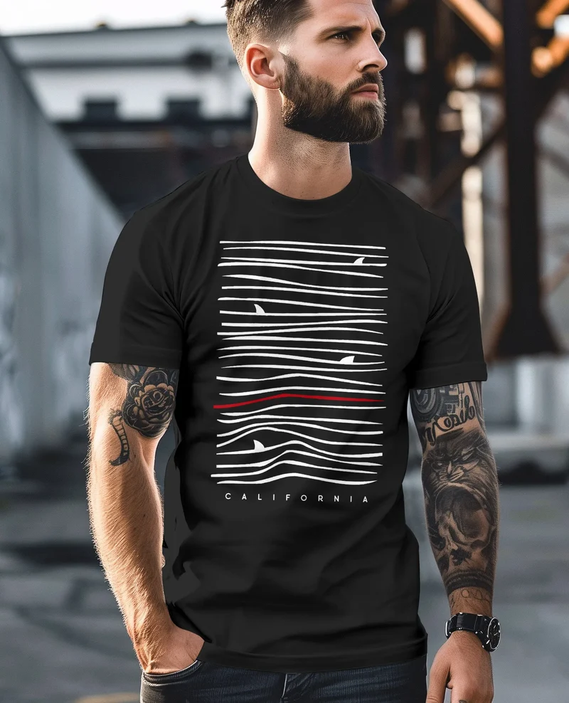 Herren T-Shirt Frontprint Minimalismus Wellen Meer Aufdruck Printshirt Sommer Fashion Streetstyle