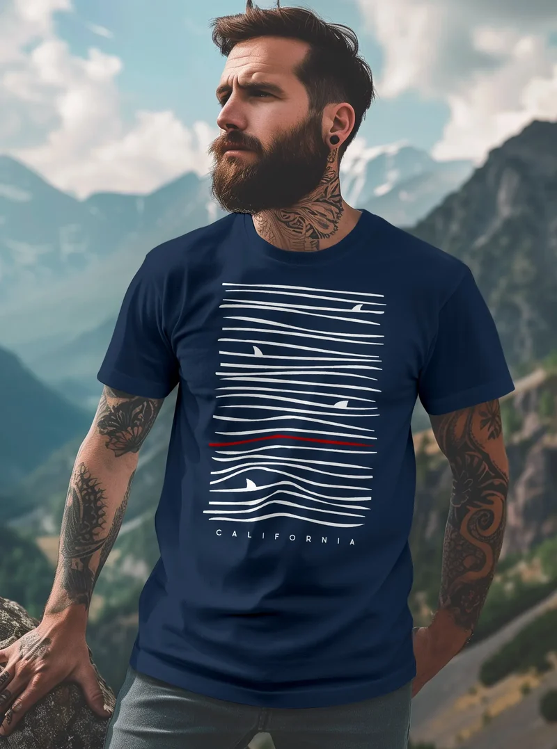 Herren T-Shirt Frontprint Minimalismus Wellen Meer Aufdruck Printshirt Sommer Fashion Streetstyle