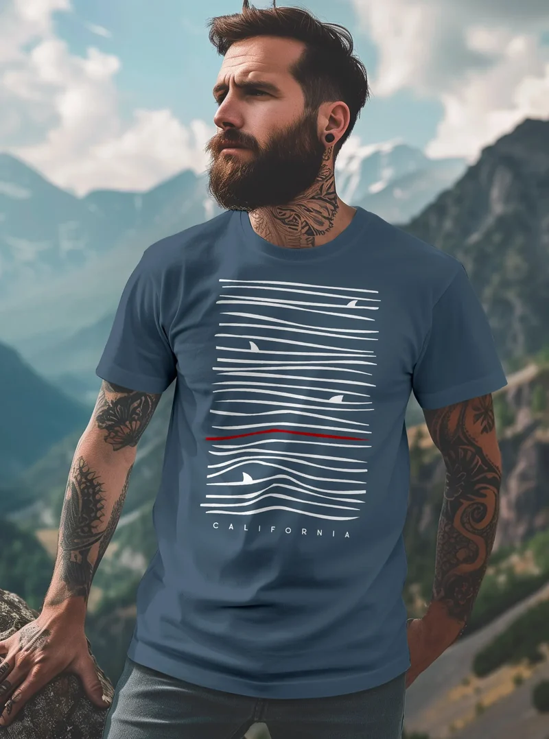 Herren T-Shirt Frontprint Minimalismus Wellen Meer Aufdruck Printshirt Sommer Fashion Streetstyle