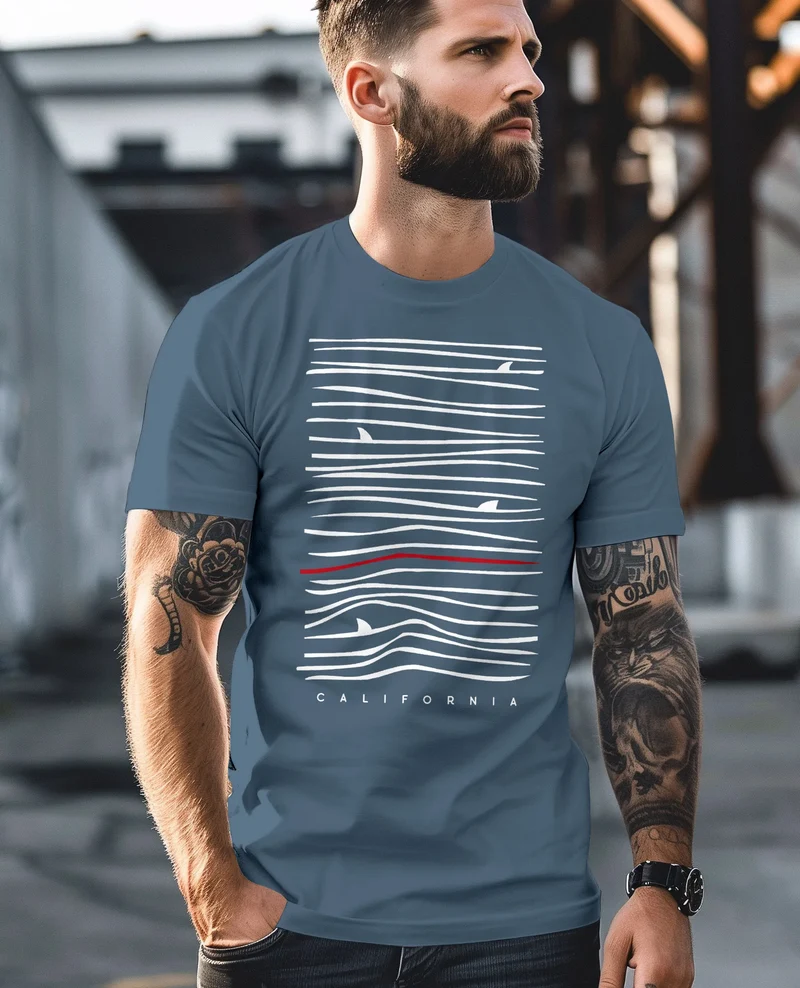 Herren T-Shirt Frontprint Minimalismus Wellen Meer Aufdruck Printshirt Sommer Fashion Streetstyle