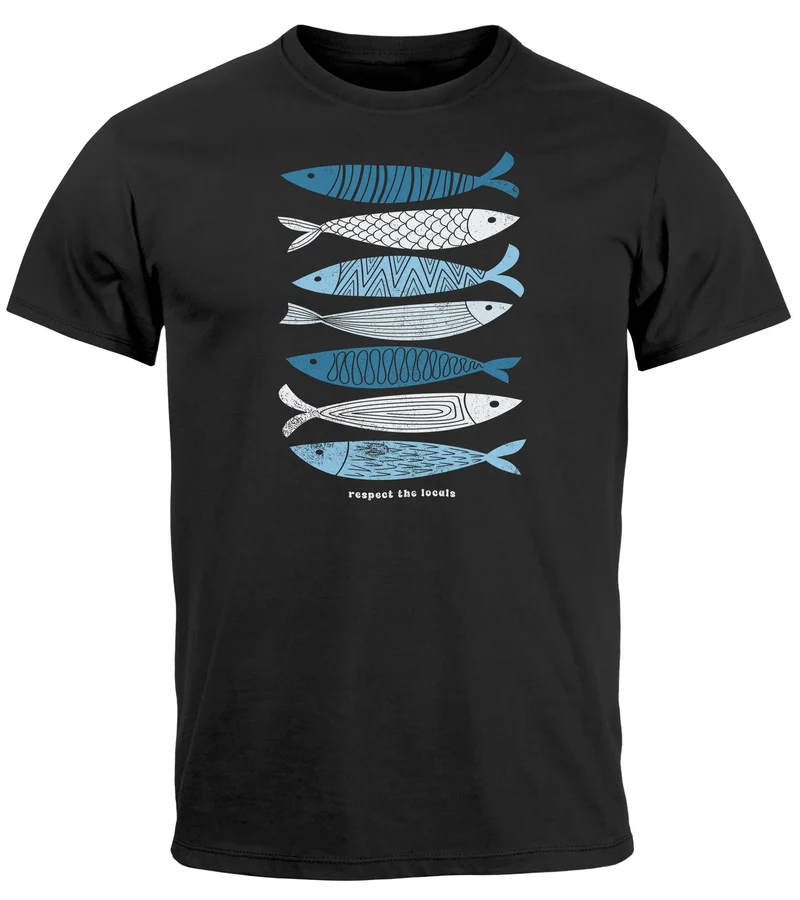 Herren T-Shirt Motiv Maritim Meer Fische Sommer Urlaub Spruch Respect the Locals Fashion Streetstyle
