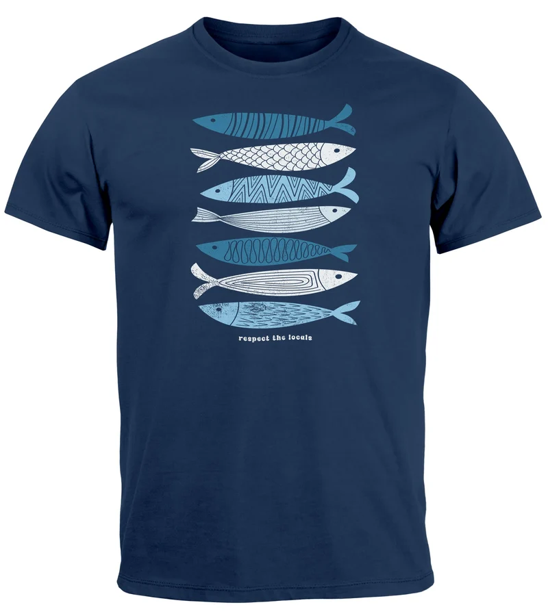 Herren T-Shirt Motiv Maritim Meer Fische Sommer Urlaub Spruch Respect the Locals Fashion Streetstyle