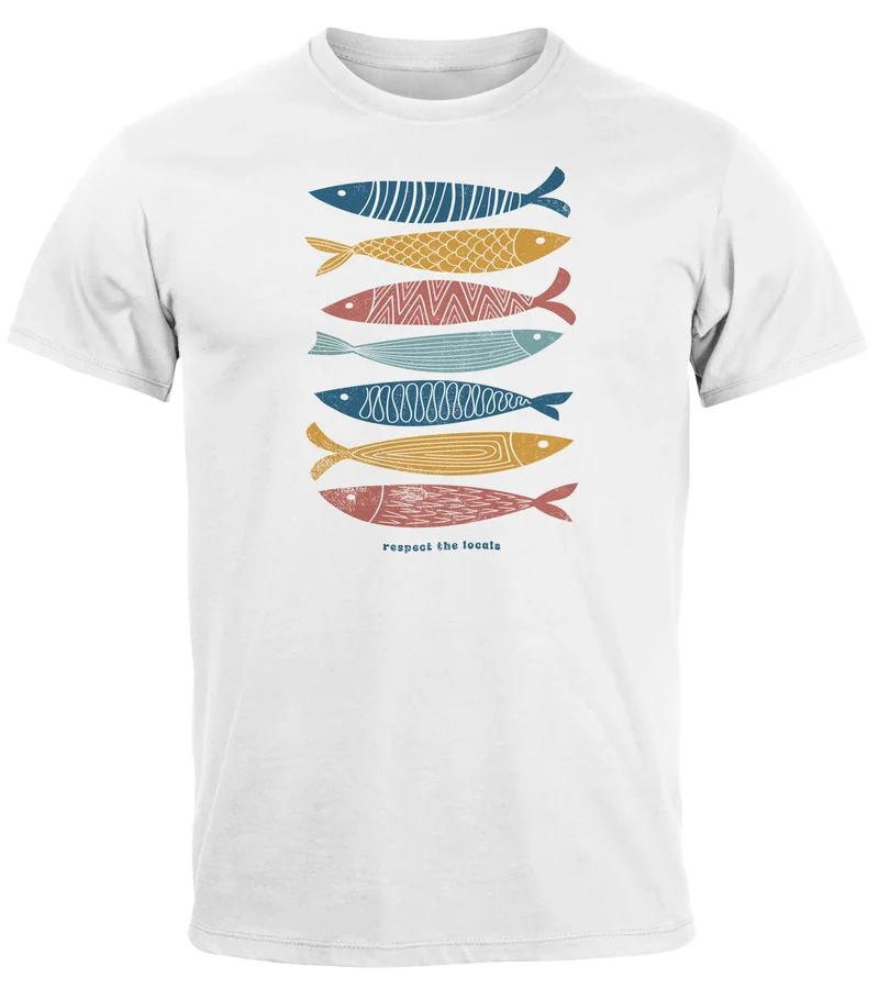 Herren T-Shirt Motiv Maritim Meer Fische Sommer Urlaub Spruch Respect the Locals Fashion Streetstyle