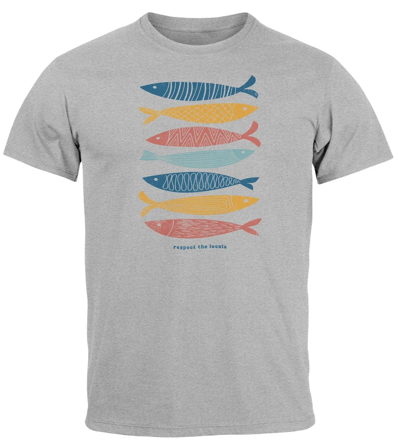 Herren T-Shirt Motiv Maritim Meer Fische Sommer Urlaub Spruch Respect the Locals Fashion Streetstyle